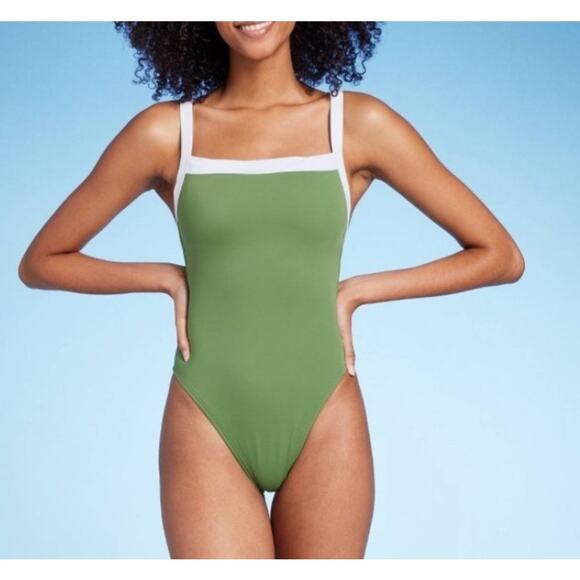 NWT Shade & Shore Olive Green V back Adjustable One Piece Swimsuit - Picture 1 of 6